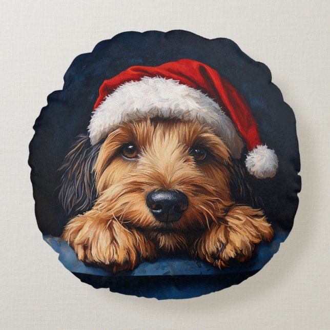 Otterhound In A Santa Hat Round Pillow (Front)
