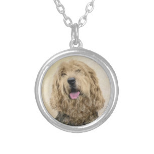 Otterhound Painting - Cute Original Dog Art Silver Plated Necklace