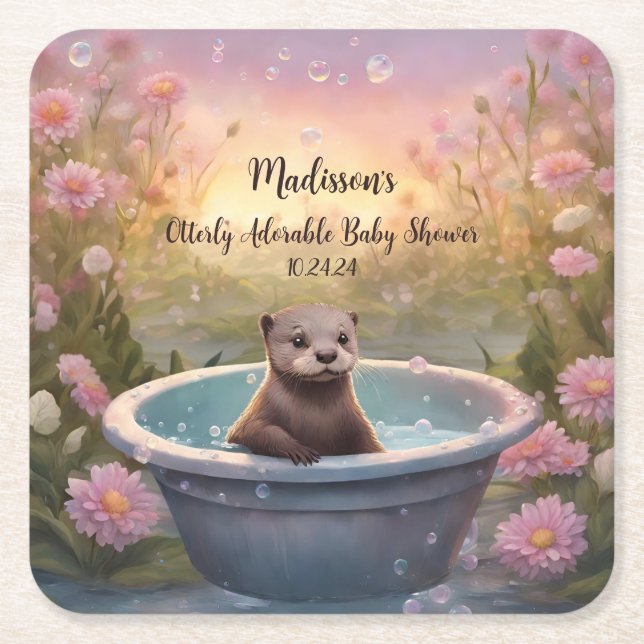 Otterly Adorable Baby Shower Square Paper Coaster (Front)