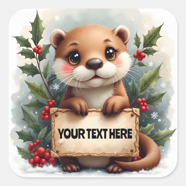 Otterly Adorable Personalizable Christmas Square Sticker (Front)