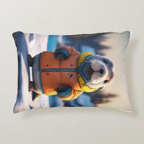 Otterly Adorable Playful Baby Otter with Shell Pi Accent Pillow