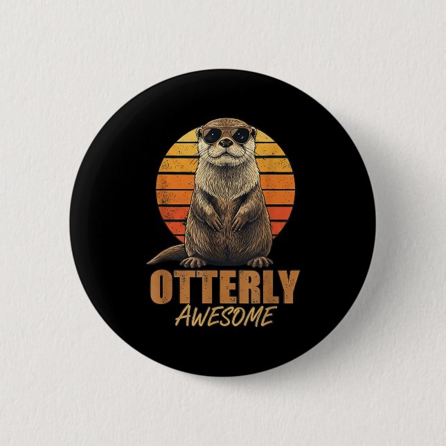 Otterly Awesome Retro Sunset Sea Otter Lover Graph Button (Front)