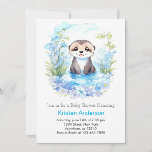 Otterly Blue Floral Whimsy Boy Baby Shower Invitation