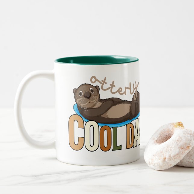Otterly Cool Dad Otter Pun Funny Father's Day Two-Tone Coffee Mug (With Donut)