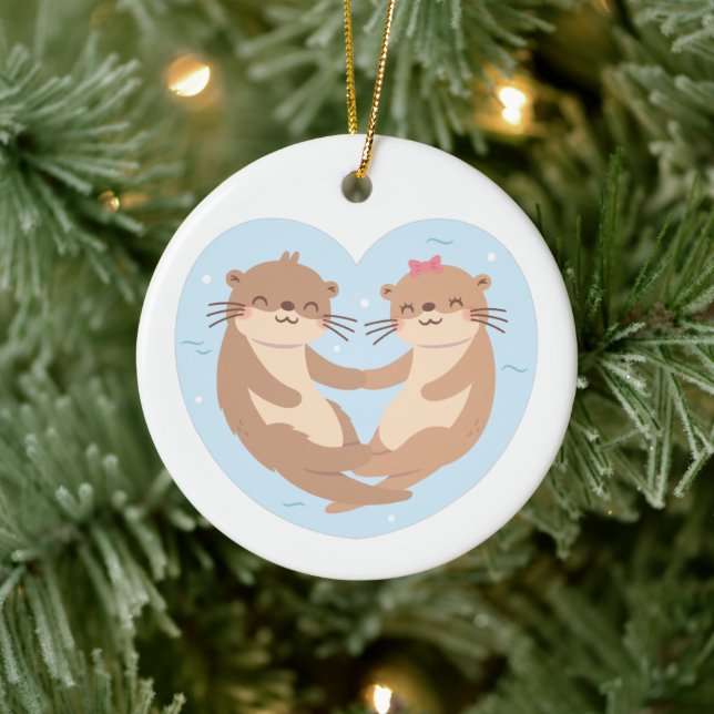Otterly In Love With You, Cute Otter Holding Hands Ceramic Ornament (Tree)
