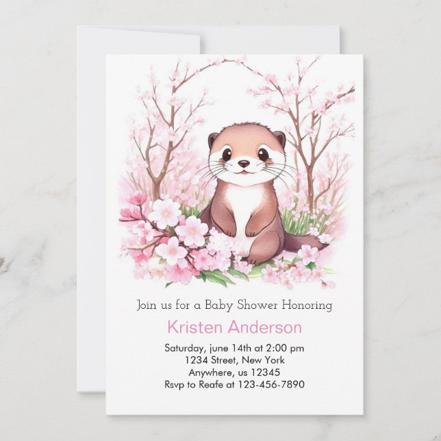Otterly Pink Floral Paradise Girl Baby Shower Invitation (Front)