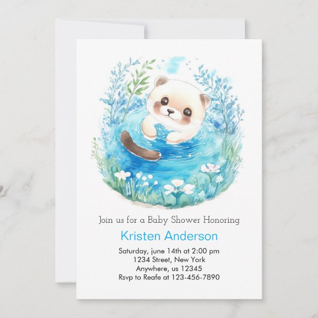 Otterly Whimsical Blue Meadow Boy Baby Shower Invitation (Front)