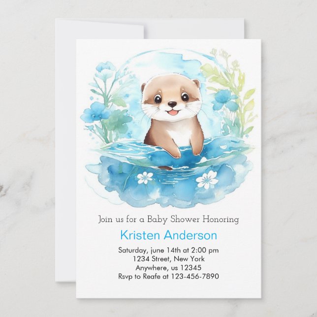 Otterly Whimsical Blue Wildflower Boy Baby Shower Invitation (Front)