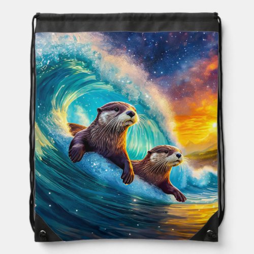 Otters Body Surfing Design By Rich AMeN Gill Drawstring Bag