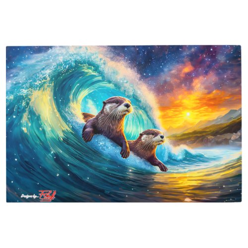 Otters Body Surfing Design By Rich AMeN Gill Metal Print
