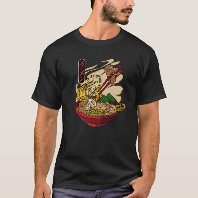 Otters Eating Ramen Cute Kawaii Otters Eating Nood T-Shirt (Front)