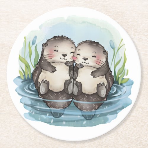 Otters Holding Hands Round Paper Coaster