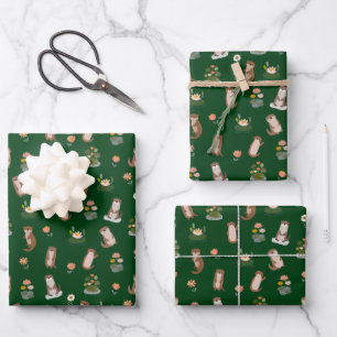 Otters & Lily Pads on Dark Green Wrapping Paper Sheets