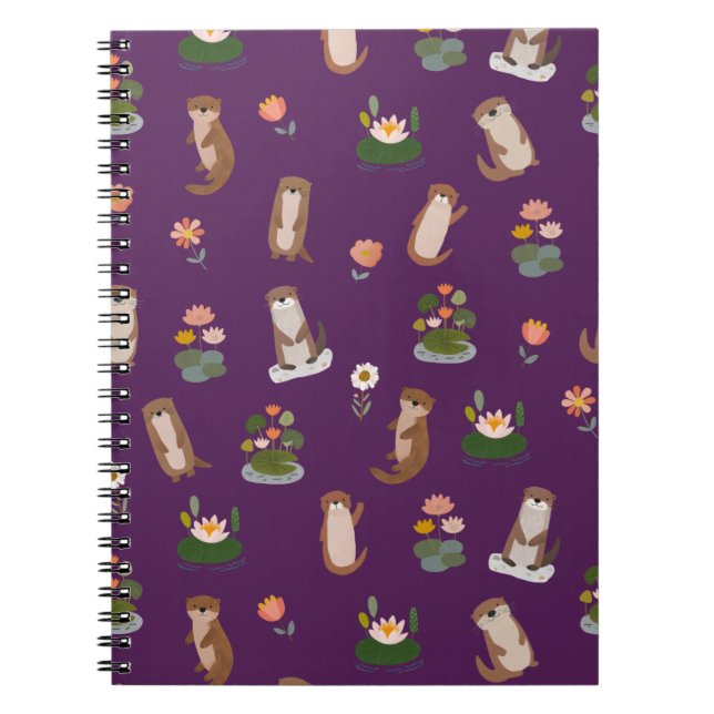Otters & Lily Pads on Dark Purple Notebook (Front)