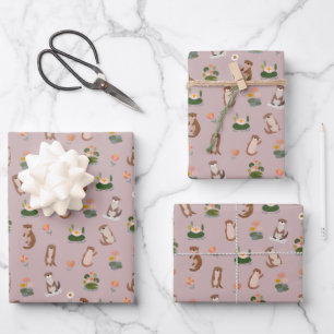 Otters & Lily Pads on Light Gray-Pink Wrapping Paper Sheets