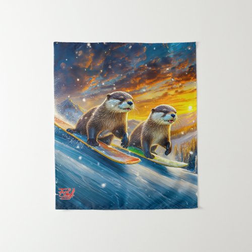 Otters On Snowboards Design By Rich AMeN Gill Tapestry