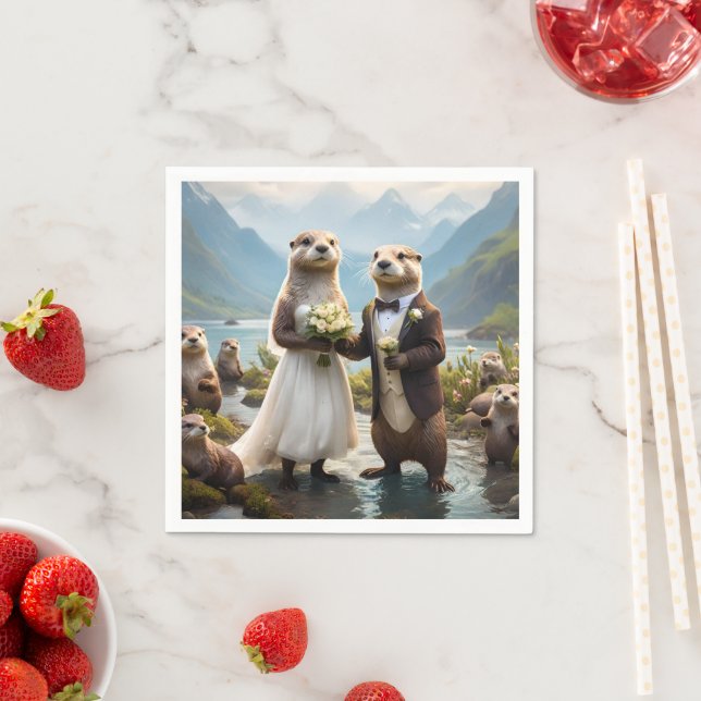 Otters On Their Wedding Day, Wedding Napkins (Insitu)