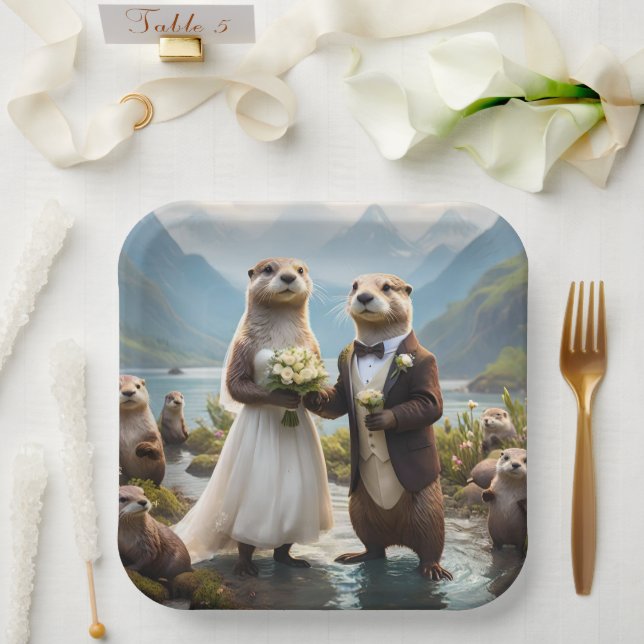 Otters On Their Wedding Day, Wedding Paper Plates (Wedding)