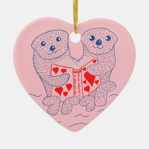 Otters Reading a Book Cute Valentines Day Ceramic Ornament