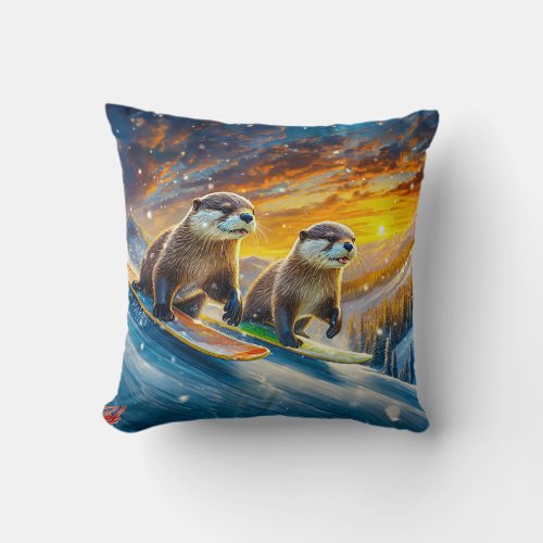 Otters Snowboarding Design By Rich AMeN Gill Throw Pillow