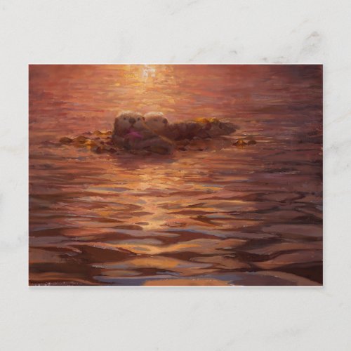 Otters Snuggling at Sunset Floating With Kelp Postcard