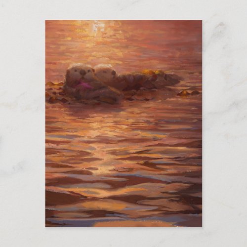 Otters Snuggling at Sunset Floating With Kelp Postcard