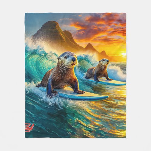 Otters Surfing 02 Design by Rich AMeN Gill Fleece Blanket