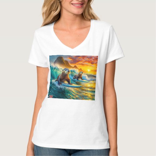 Otters Surfing 02 Design by Rich AMeN Gill T_Shirt