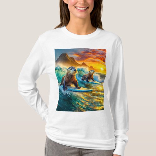Otters Surfing 02 Design by Rich AMeN Gill T_Shirt