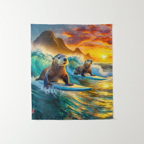 Otters Surfing 02 Design by Rich AMeN Gill Tapestry