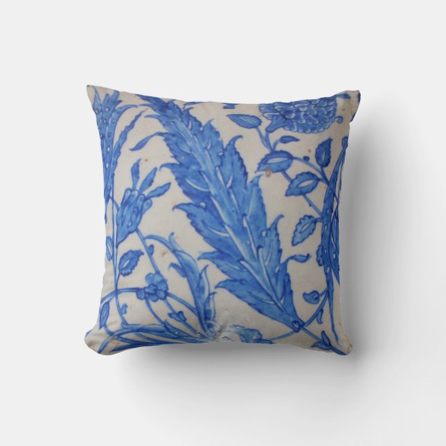 Ottoman Iznik blue and floral white ceramic tile Throw Pillow (Front)