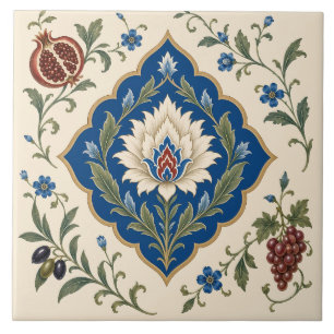 Ottoman Iznik Floral Blue Botanical Pomegranate Ceramic Tile