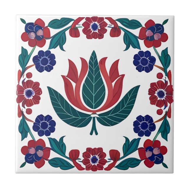 Ottoman Red & Blue Tulip Ceramic Tile (Front)
