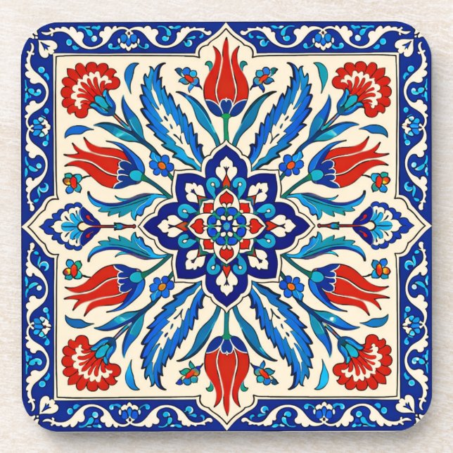 Ottoman Style Blue Red Tulip  Pattern Beverage Coaster (Front)