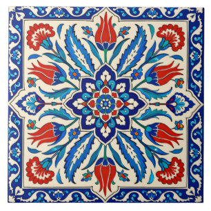 Ottoman Style Blue Red Tulip Pattern Ceramic Tile