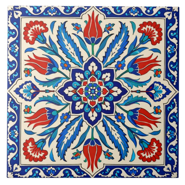 Ottoman Style Blue Red Tulip  Pattern Ceramic Tile (Front)