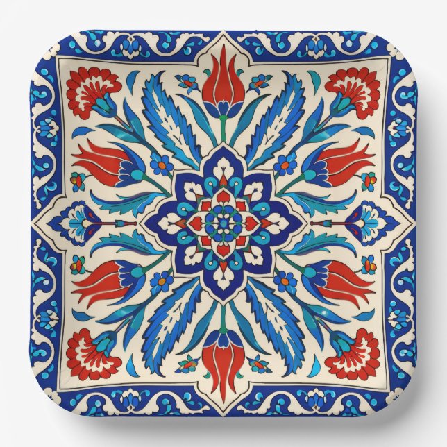 Ottoman Style Blue Red Tulip  Pattern Paper Plates (Front)