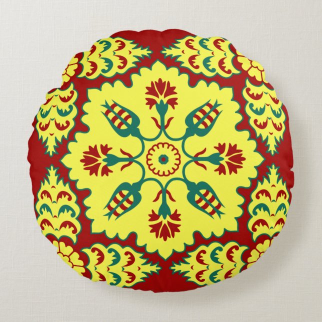 Ottoman Turkish Red Green Yellow Tulip Pattern Round Pillow (Front)