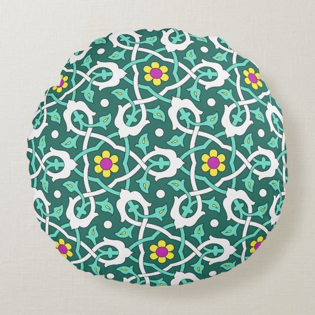 Ottoman Turkish vine design in green and white Round Pillow (Front)