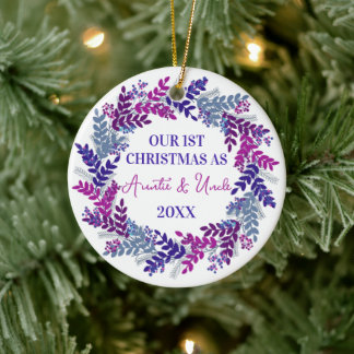 Ou First Christmas as Auntie & Uncle Purple Wreath Ceramic Ornament
