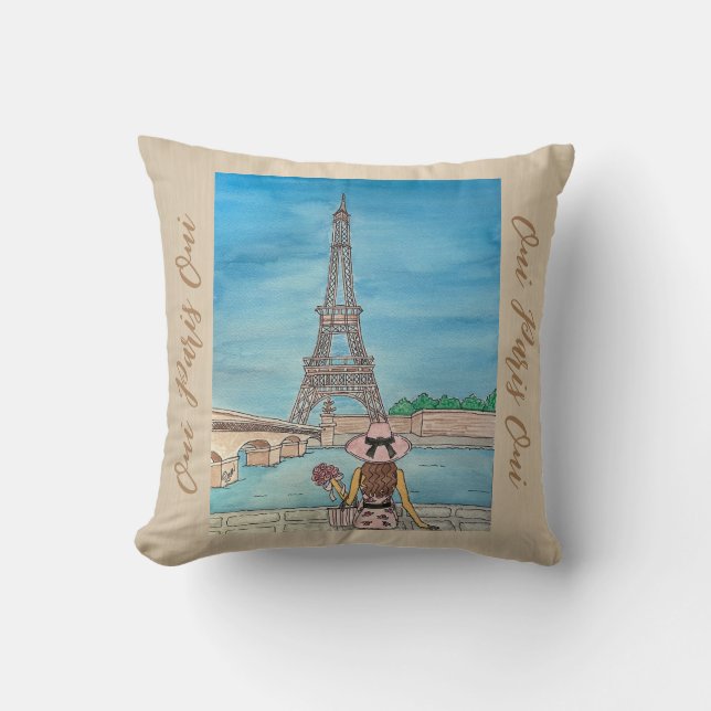 Oui Paris Oui Beige Throw Pillow Women Of Travel (Front)