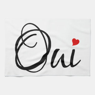 Oui, yes, French word art with red heart Kitchen Towel