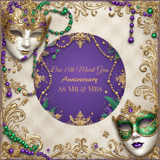 Our 15th Mardi Gras Anniversary Mr and Mrs Festive Classic Round Sticker