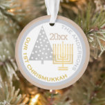 Our 1st Chrismukkah Chic Keepsake Holiday Photo Ornament<br><div class="desc">Create your own chic OUR 1ST CHRISMUKKAH photo ornament with your name, year for a one of a kind holiday family keepsake. From the simple gold Hanukkah menorah to the polka dot silver Christmas tree, this white, silvery gray and warm tan "toasted almond" ornament will commemorate your first blended holiday....</div>
