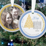 Our 1st Chrismukkah Menorah Tree Keepsake Photo Ornament<br><div class="desc">Create your own OUR 1ST CHRISMUKKAH ornament with your photo on the reverse side for a one of a kind family keepsake. From the simple gold Christmas tree to the silver Hanukkah menorah, this blue, white and purple ornament will commemorate your first blended holiday. Upload your photo on the flip...</div>