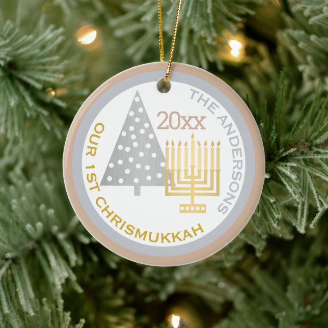 Our 1st Chrismukkah Tree Menorah Keepsake Photo Ceramic Ornament (Tree)