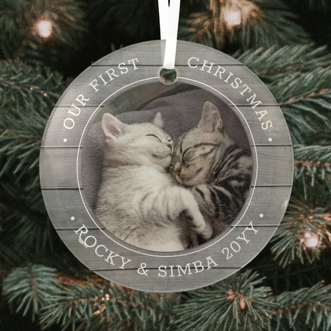 Our 1st Christmas 2 Pets Photo Gray Faux Wood Glass Ornament (Creator Uploaded)