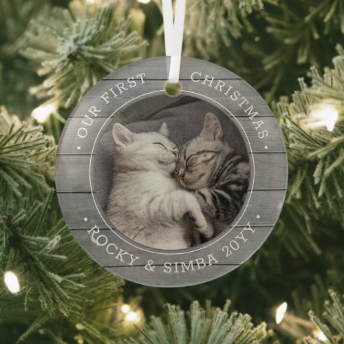 Our 1st Christmas 2 Pets Photo Gray Faux Wood Glass Ornament