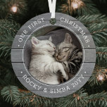 Our 1st Christmas 2 Pets Photo Gray Faux Wood Metal Ornament<br><div class="desc">Celebrate the simple joys of your newest furry family members with a custom 2 photo grey faux wood round metal ornament. Kitten pictures and all text on this template are simple to personalize and can be different or the same on front and back. If preferred, change "Our First Christmas" to...</div>