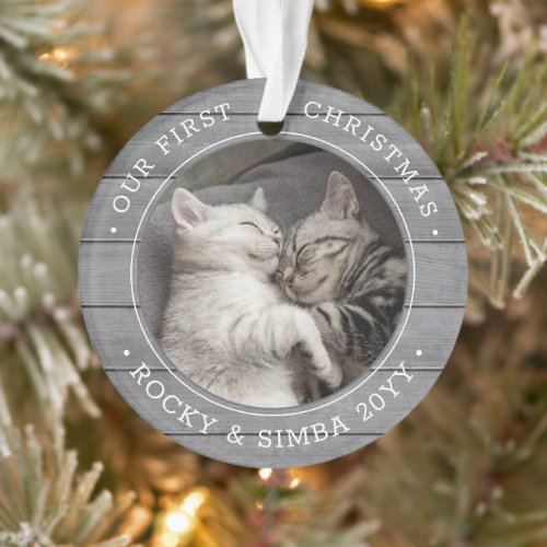 Our 1st Christmas 2 Pets Photo Gray Faux Wood Ornament